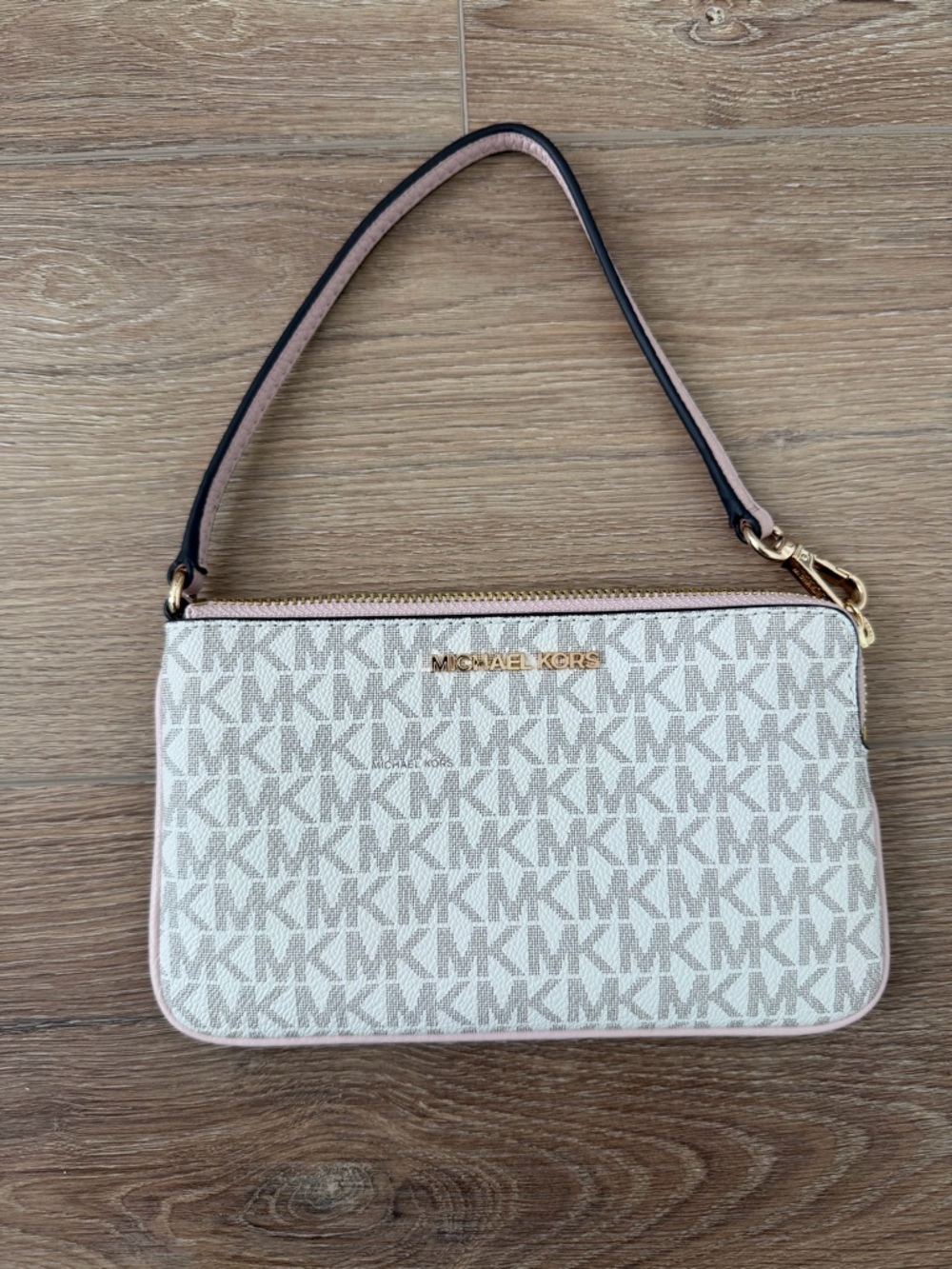 Michael Kors Beige Pink Logo Shoulder Pouch with Gold Hardware